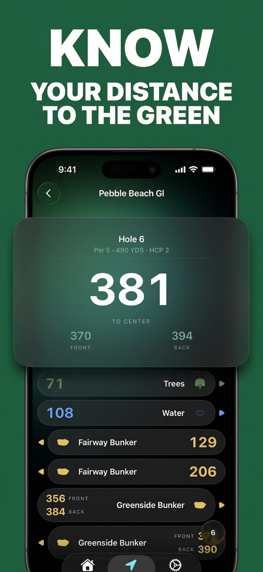 Swiing GPS hole view showing the distance to centre of green