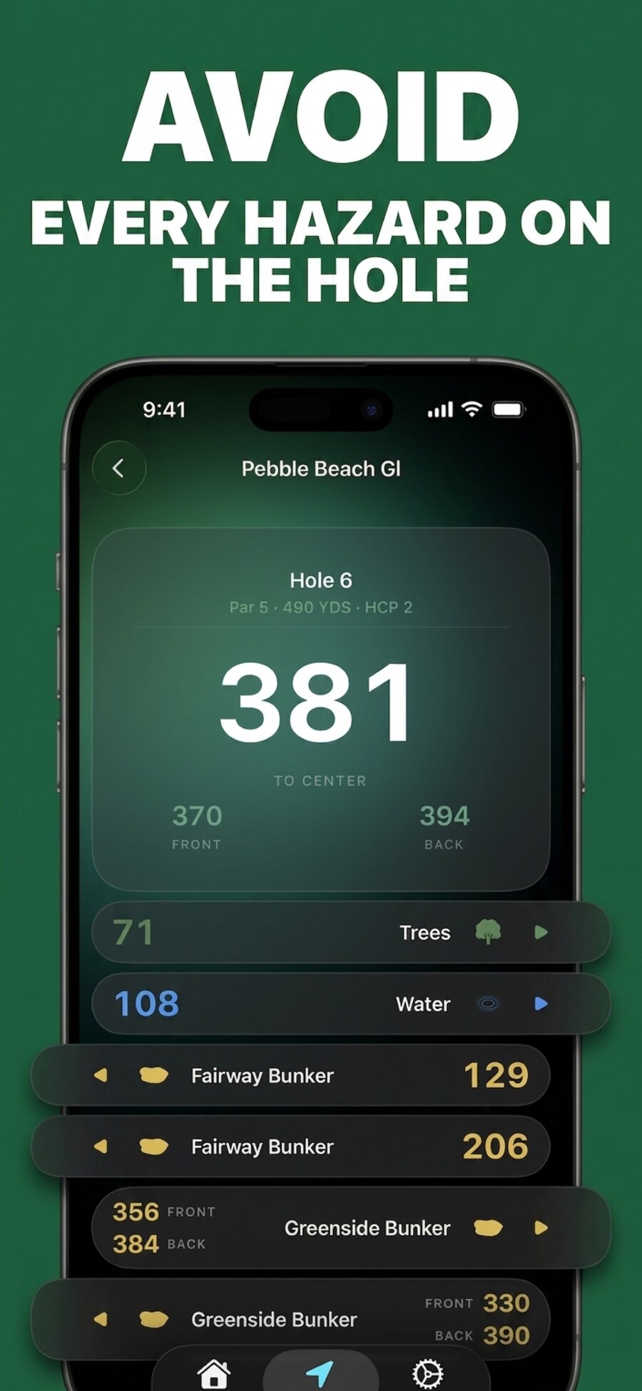 Hazards and bunkers shown for the current hole