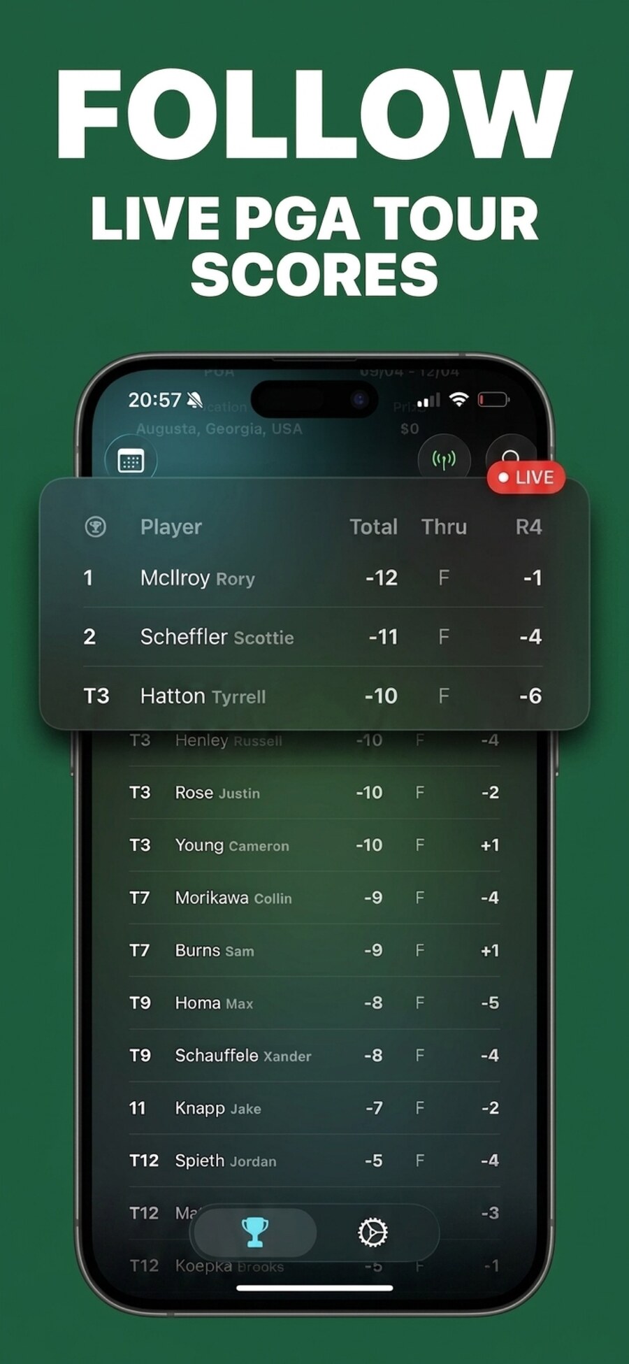 Live PGA Tour leaderboard in Swiing